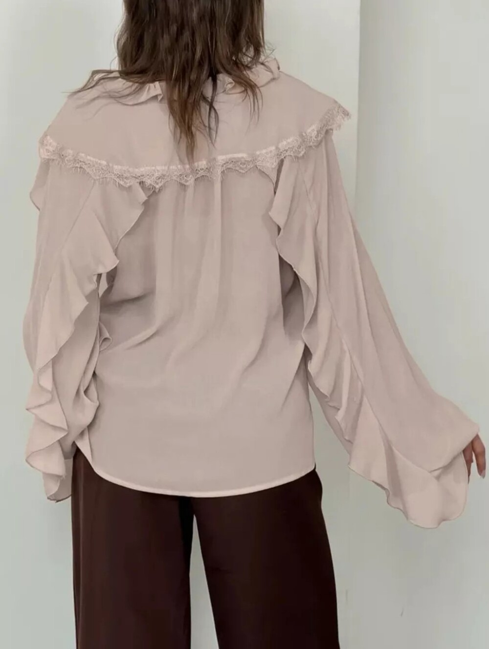 V-Neck Ruffled Lace Trim Blouse - Picture 3 of 6